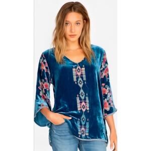 Johnny Was Fabiana Burnout Velvet Top Blue Floral Boho Tunic Top Bell Sleeve M